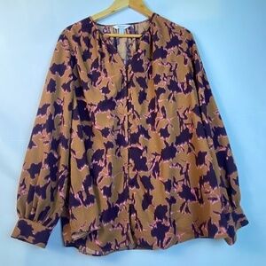 Nine West long sleeve button down shirt top tan, burgundy, sz‎ Large